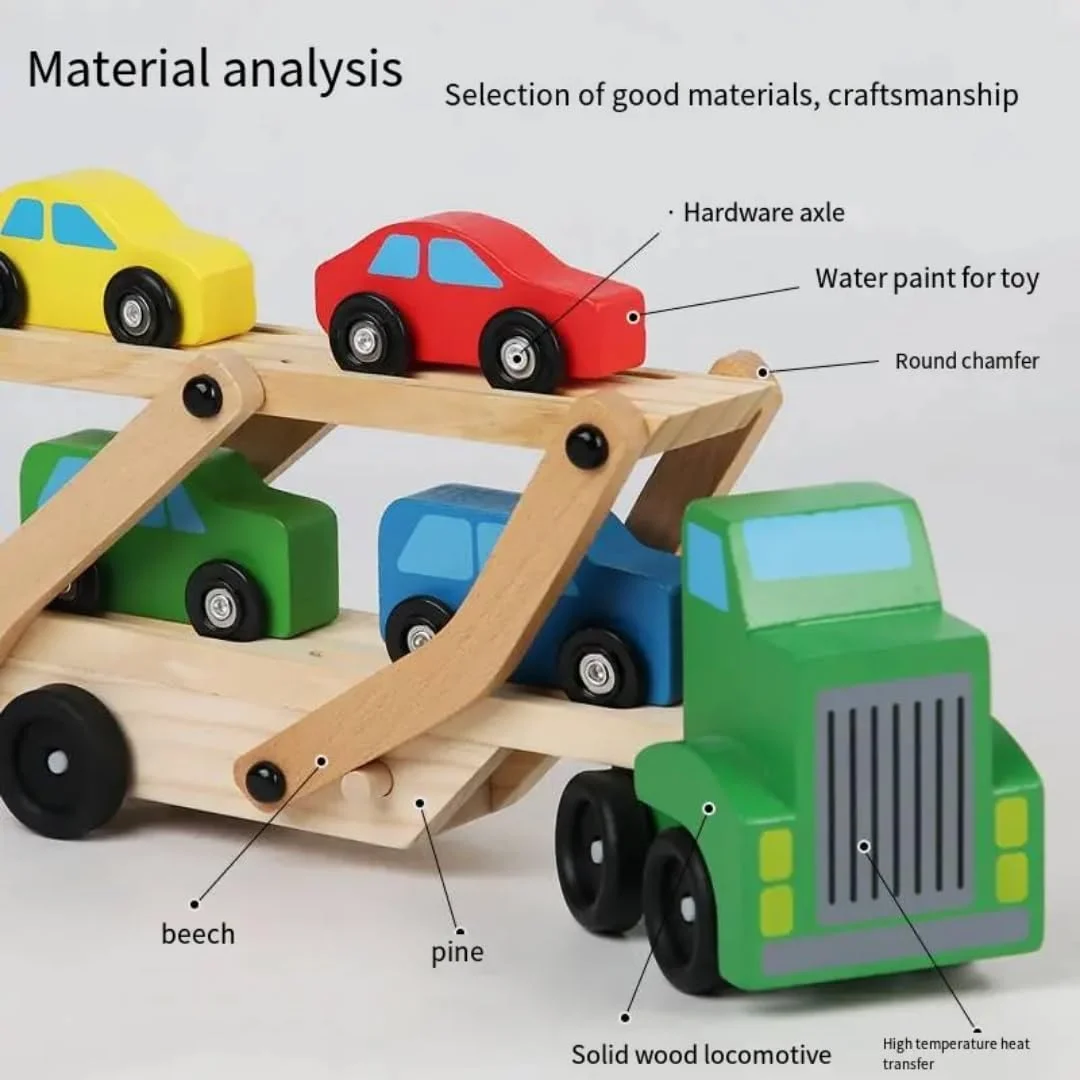 Toyly World™ Wooden Car Carrier Truck Set for Kids 3+ | Transporter Truck with 4 Mini Cars & Double-Level Loading Ramp 3