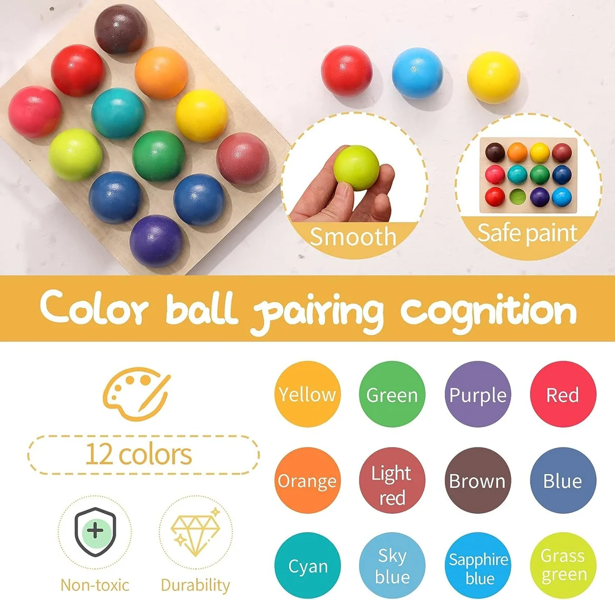 Toyly World™ Wooden Rainbow Ball Colour Sorting Toy for Kids | 12-Piece Montessori Learning Game 7