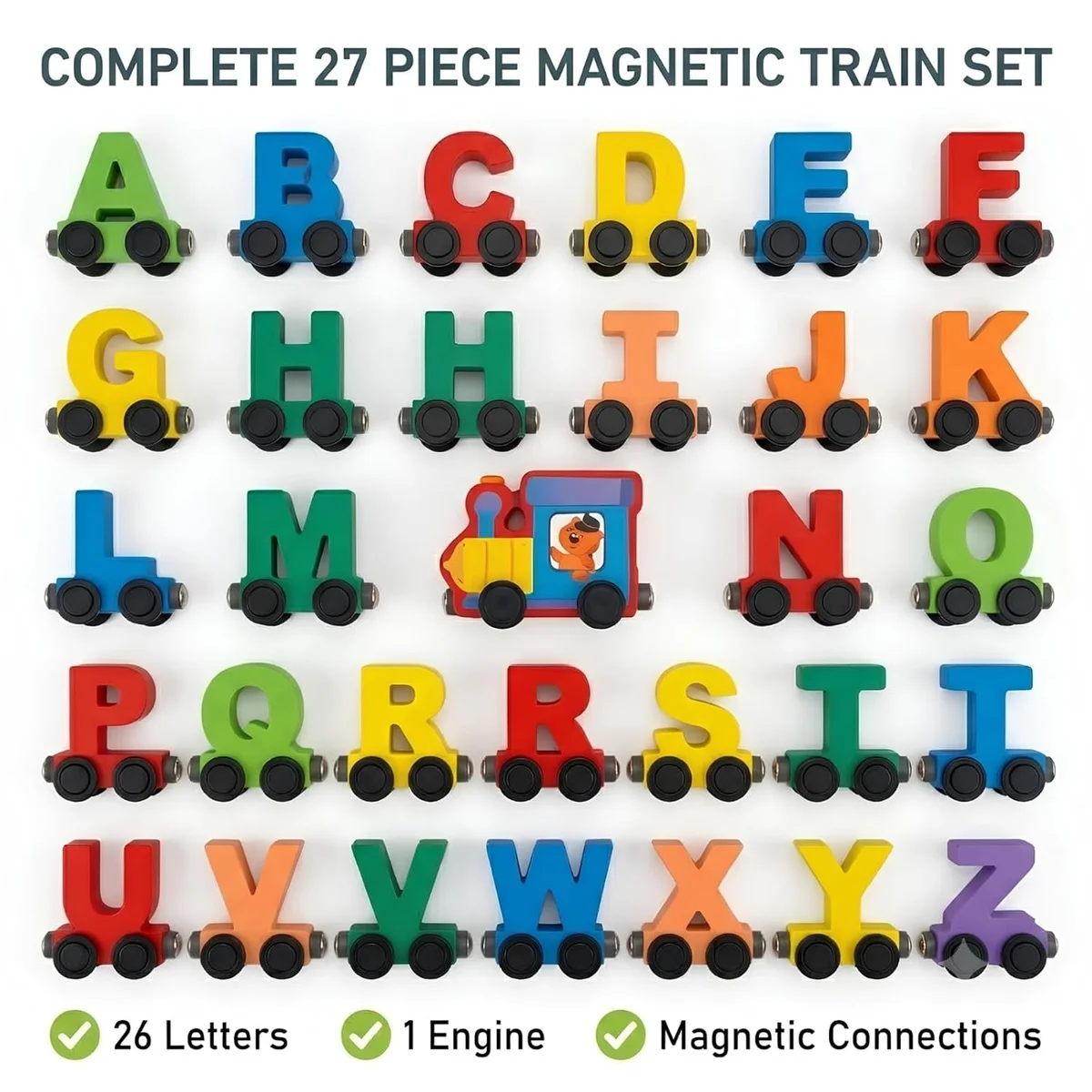 Toyly World™ Wooden Magnetic Alphabet Train for Kids 3+ | 27-Piece ABC Letter Train & Early Learning Toy 5
