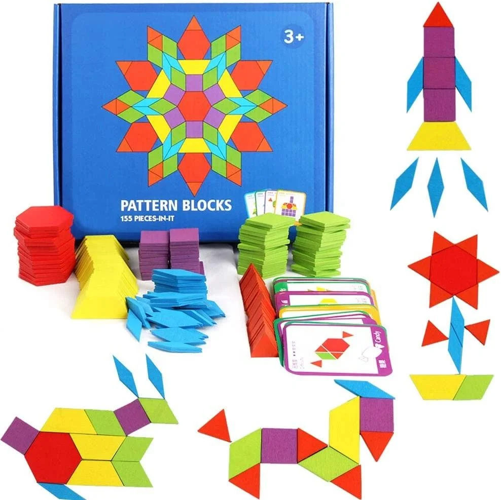 Toyly World™ Wooden Pattern Blocks Puzzle Set for Kids 3+ | 155 Pieces with Design Cards | Montessori STEM Learning Toy