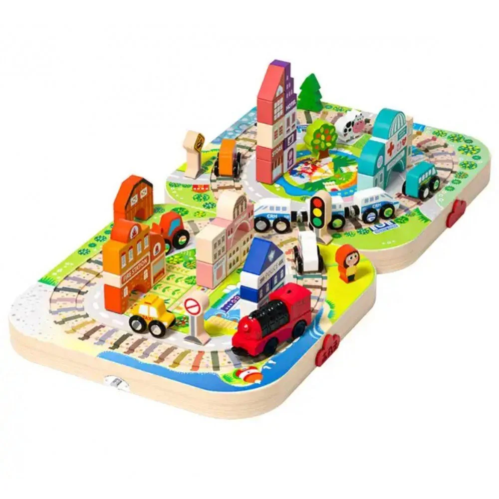 Toyly World™ Wooden City Blocks Set for Kids 3+ | Building, Roads, Vehicles & Pretend Play Construction Toy