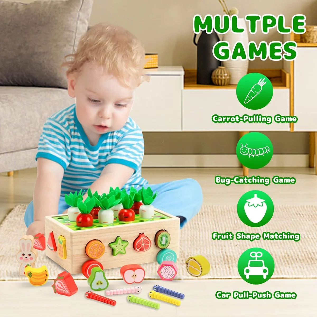 Toyly World™ Wooden Carrot Harvest & Vegetable Sorting Toy for Kids | Magnetic Fishing & Stacking Game 2