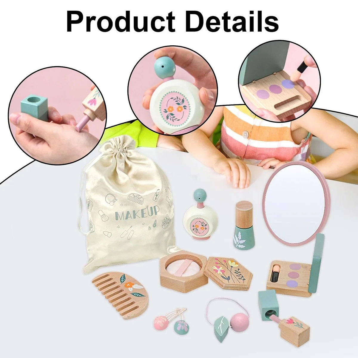 Toyly World™ Wooden Pretend Makeup Set for Kids 3+ | Montessori Beauty & Role Play Toy with Mirror, Comb & Accessories 9