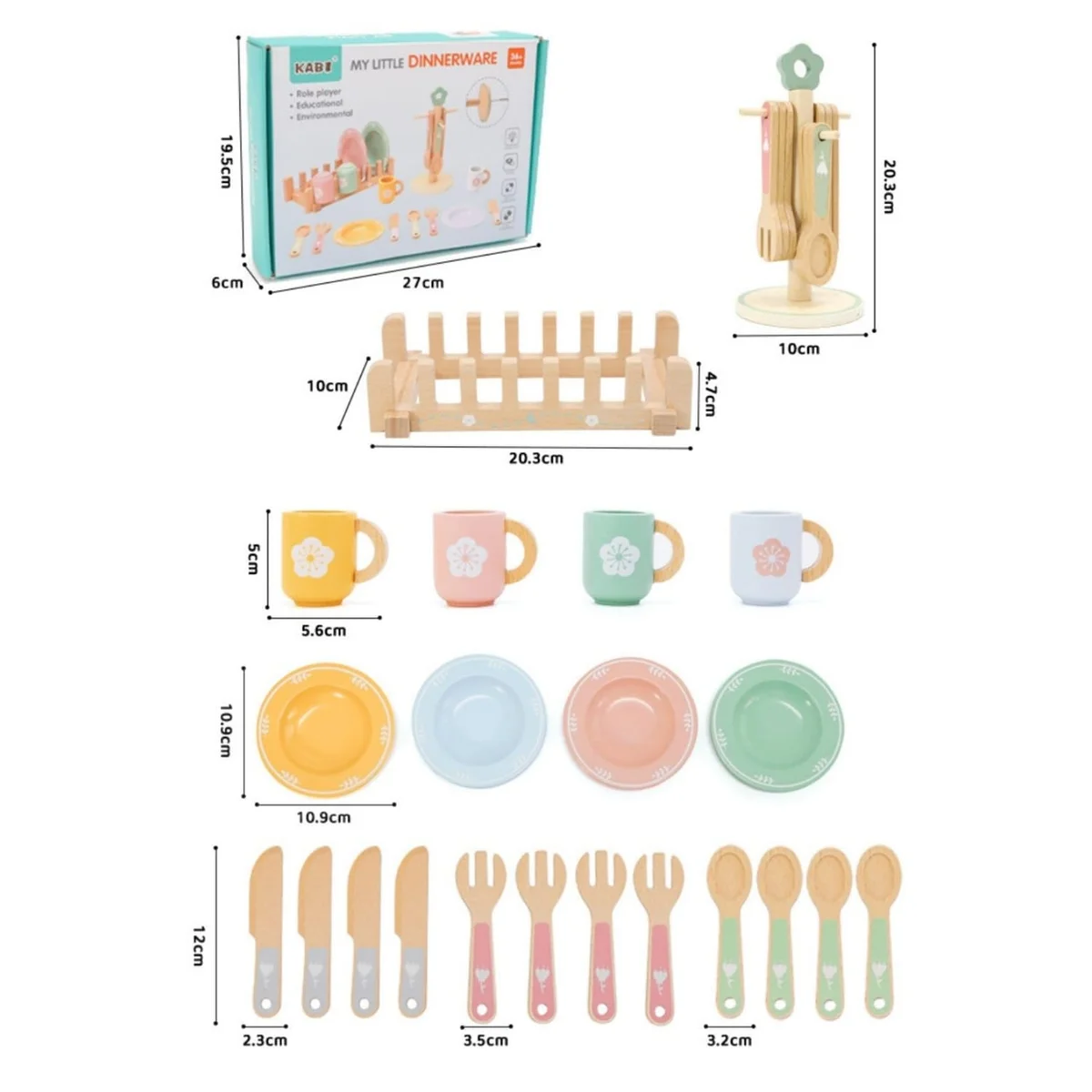 Toyly World™ Wooden Dinnerware Pretend Play Set for Kids 3+ | Montessori Toy Plates, Cups & Kitchen Utensils 7