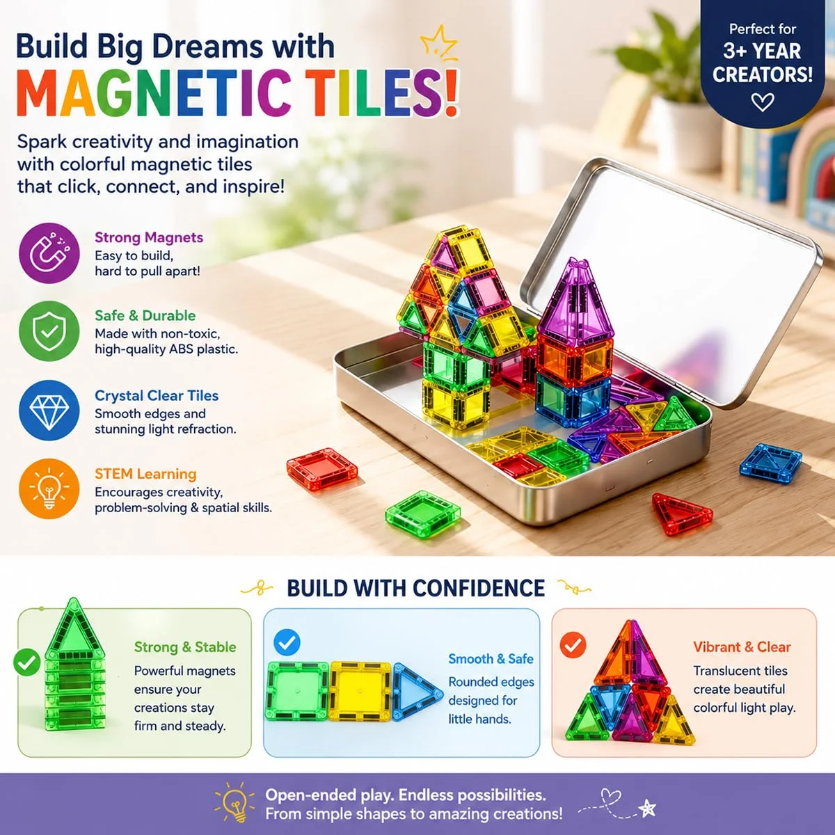 Toyly World™ Mini Magnetic Tiles Building Set for Kids 3+ | 26-Piece STEM Construction Toy with Travel Tin 4