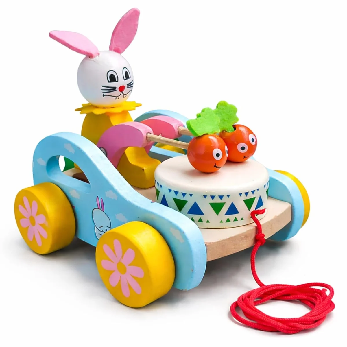 Toyly World™ Wooden Pull-Along Rabbit Toy for Toddlers 12+ Months | Musical Drum & Carrot Cart | Walking & Motor Skills Learning Toy 3