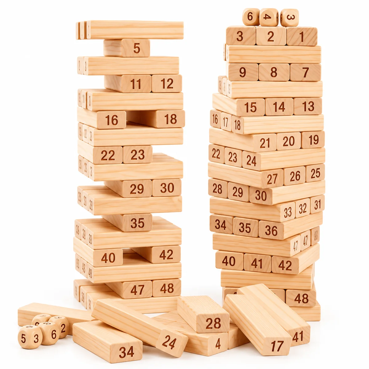 Toyly World™ Wooden Numbered Stacking Tower Game for Kids & Family | 54 Blocks, 4 Dice & Maths Learning 4
