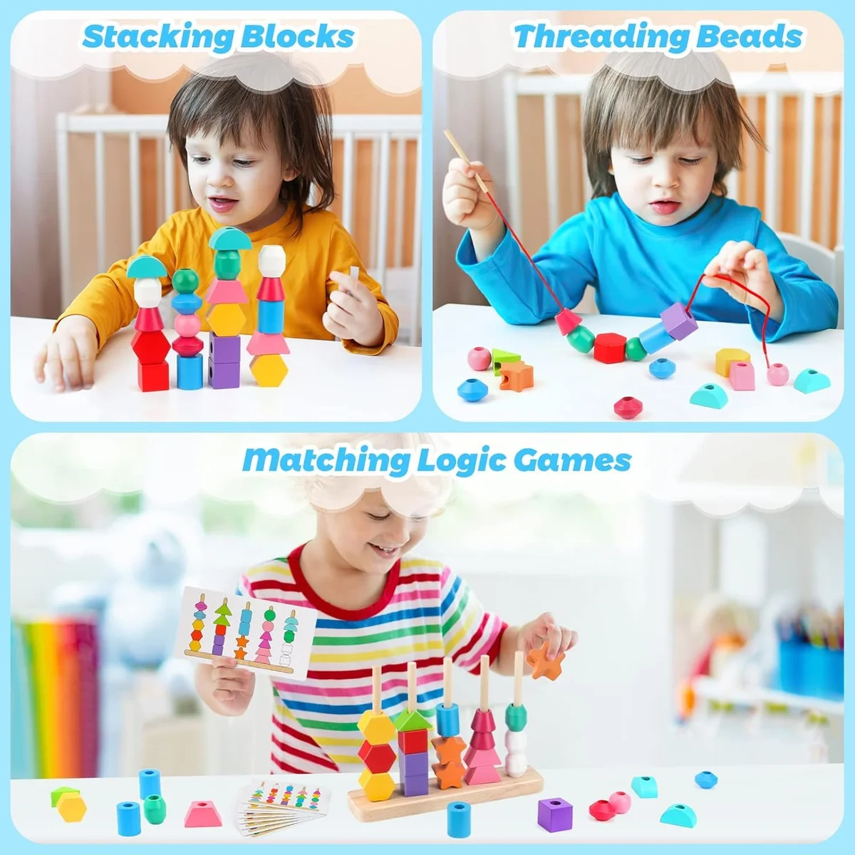 Toyly World™ Wooden Beads Sequencing & Lacing Toy Set for Kids | Montessori Shape & Colour Matching Learning Toy 6