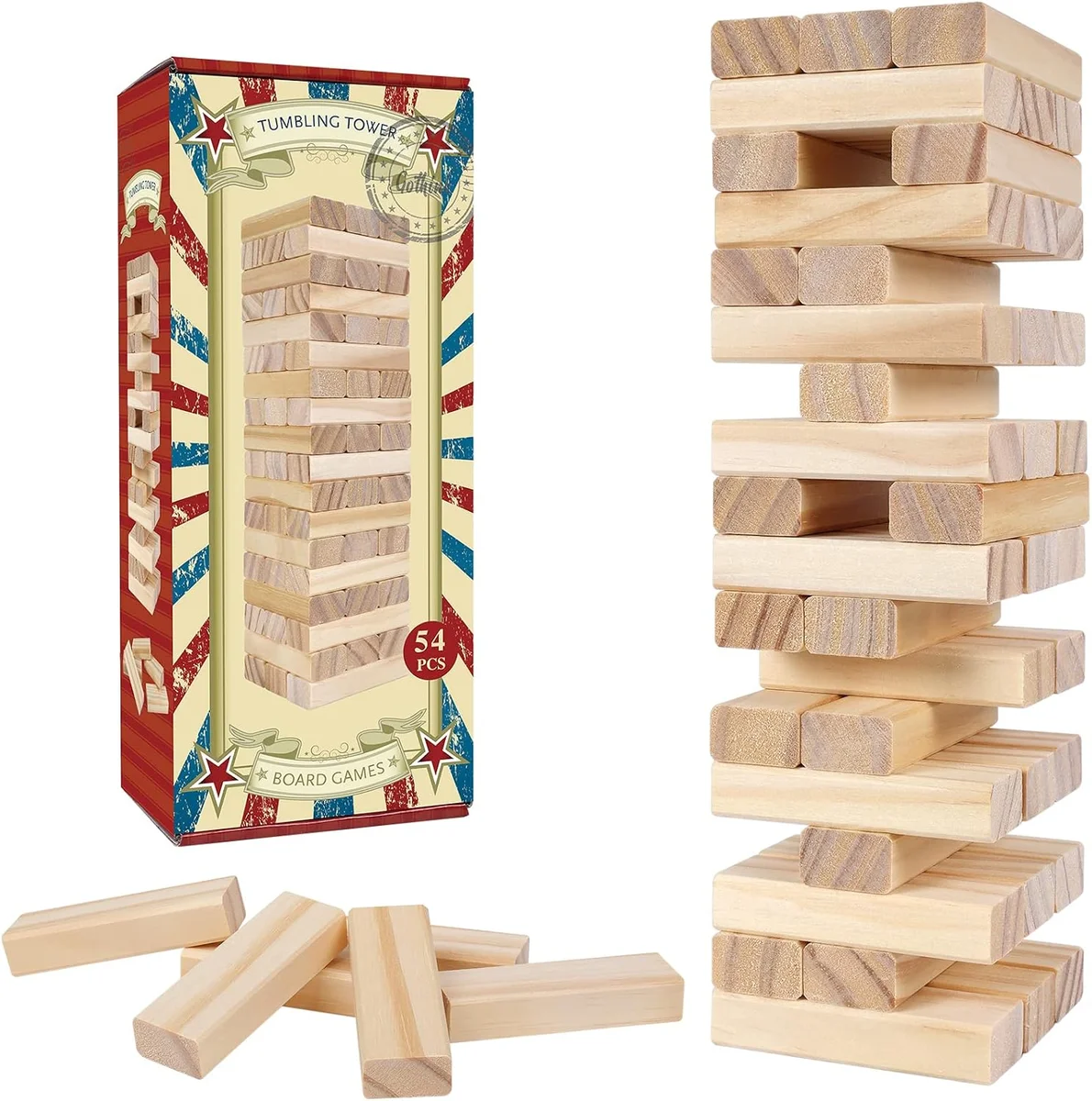 Tumble Tower Game for Kids and Adults, 54pcs Wooden Board Stacking Game for Family Game Night Classic Game,Mini Version