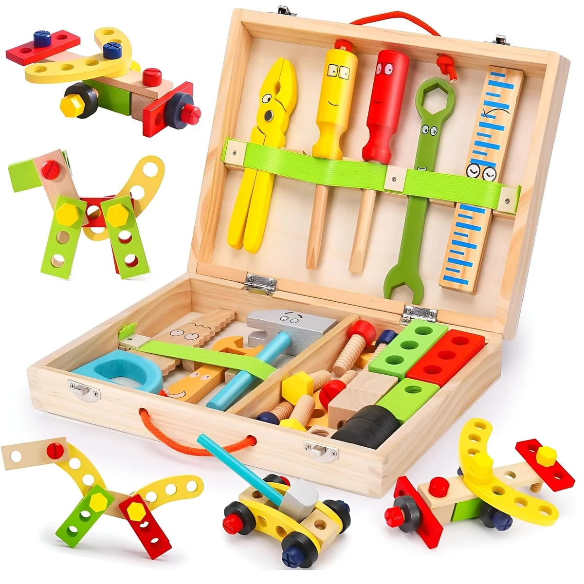 34 Pcs Wooden Tool Set Learning Educational Pretend Play Portable Construction Tools Kit Toy for Kids ,Montessori Stem Construction Toys for Boy Girl 3 +