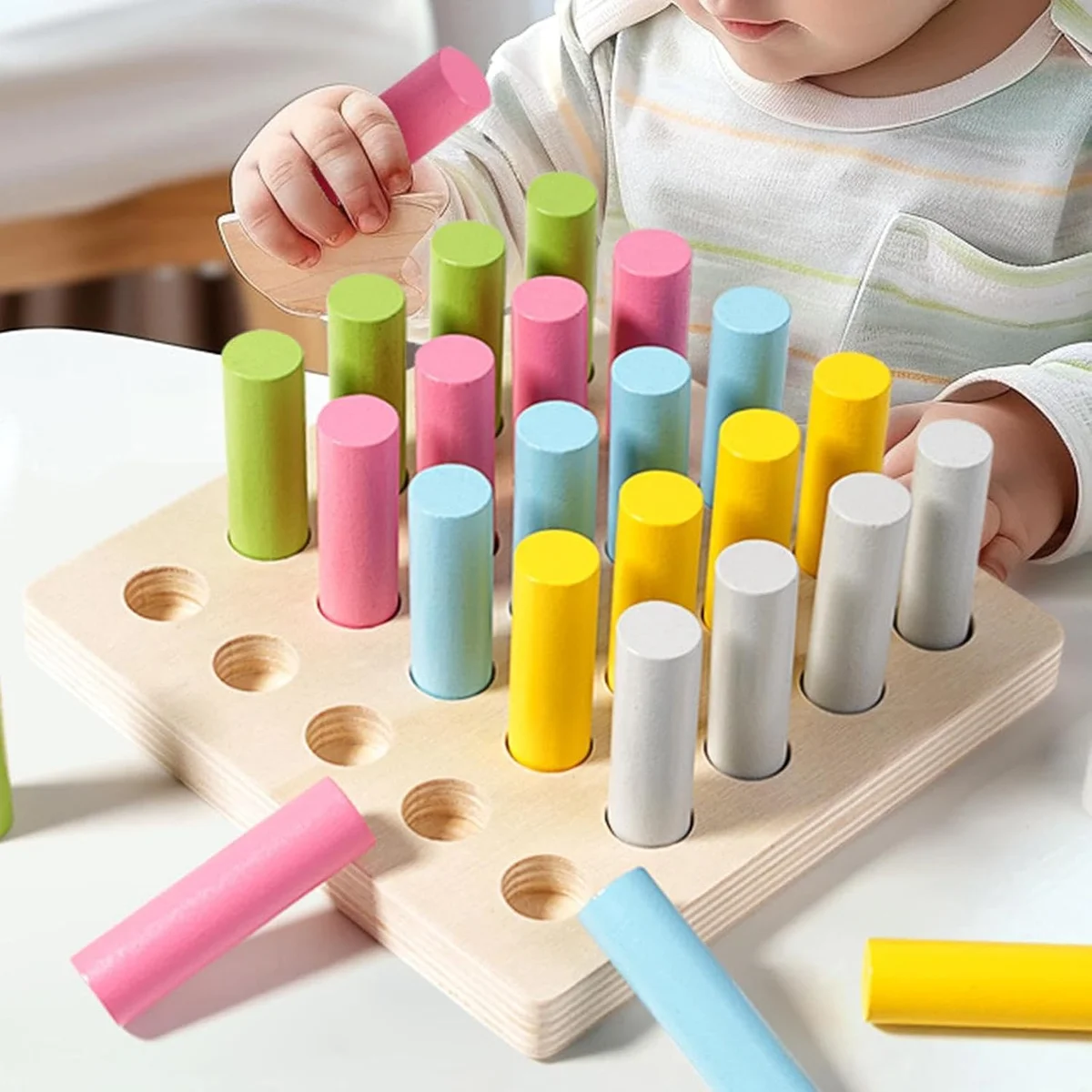 Toyly World™ Montessori Wooden Cylinder Blocks Colour Sorting & Fine Motor Skills Learning Toy for Kids 8