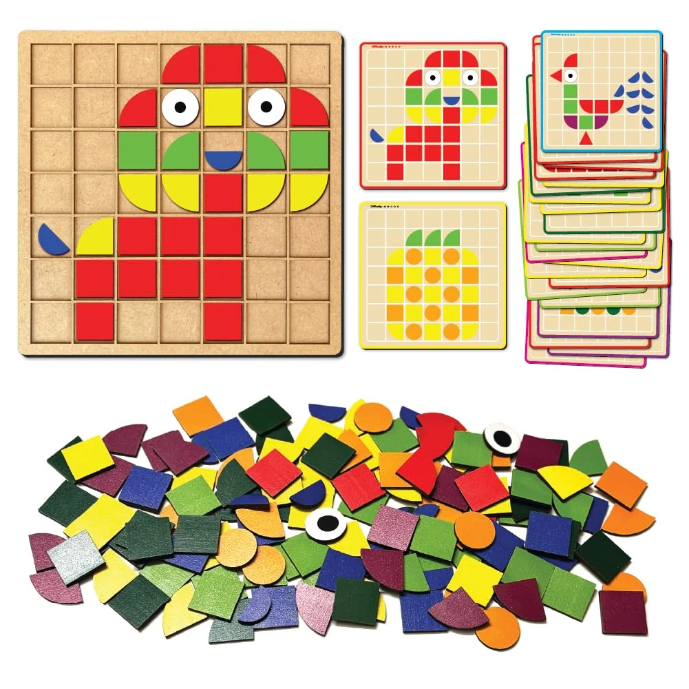 Toyly World™ Wooden Pattern Block Mosaic Puzzle for Kids 3+ | 157-Piece Shape Matching & 24 Design Cards | Montessori Educational Toy 5