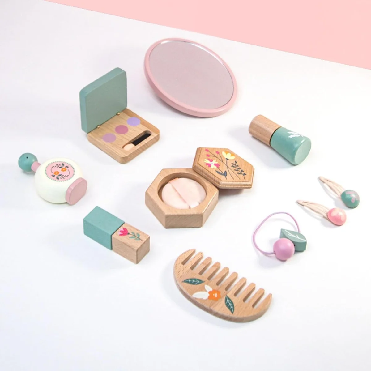 Toyly World™ Wooden Pretend Makeup Set for Kids 3+ | Montessori Beauty & Role Play Toy with Mirror, Comb & Accessories 2