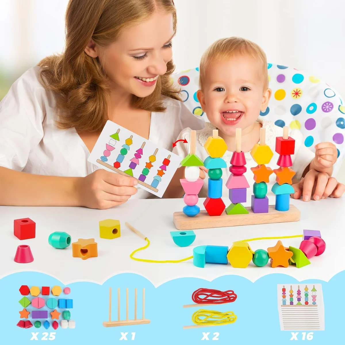 Toyly World™ Wooden Beads Sequencing & Lacing Toy Set for Kids | Montessori Shape & Colour Matching Learning Toy 7