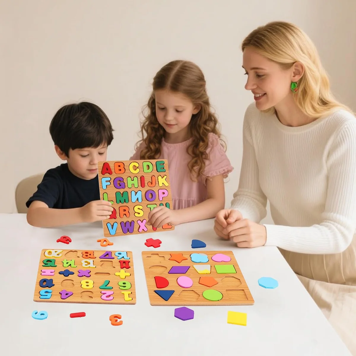 Wooden Puzzles for Kids Ages 3-5, 3 Pack ABC Number and Shape Learning Toys 6