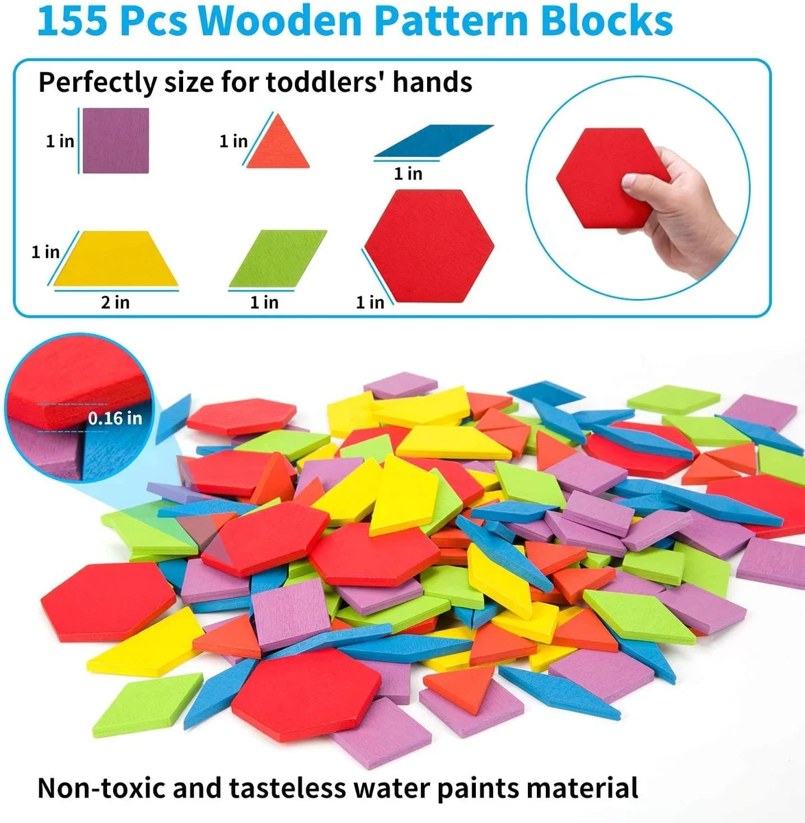 Toyly World™ Wooden Pattern Blocks Puzzle Set for Kids 3+ | 155 Pieces with Design Cards | Montessori STEM Learning Toy 2
