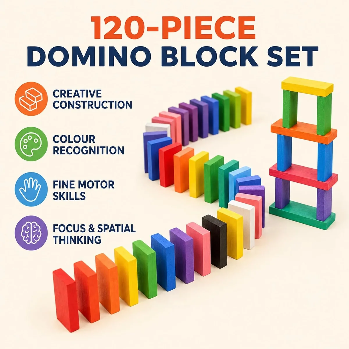 Wooden Domino Blocks Toy 120 Pieces | Montessori STEM Learning Toy | Color Recognition & Creative Building Blocks Game for Boys & Girls 3+ Years 2