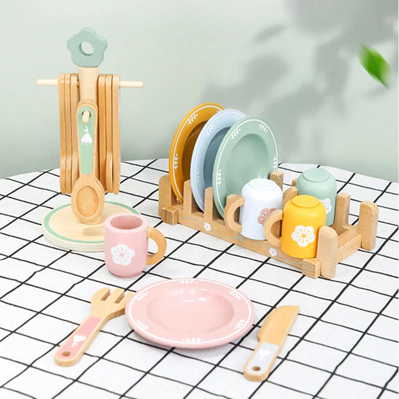 Toyly World™ Wooden Dinnerware Pretend Play Set for Kids 3+ | Montessori Toy Plates, Cups & Kitchen Utensils 3