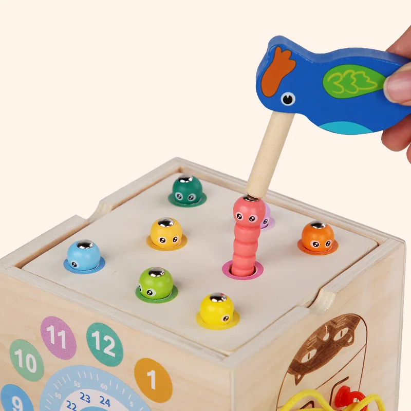 Toyly World™ 8-in-1 Wooden Montessori Activity Cube for Toddlers | Fishing, Carrot Harvest, Shape Sorting & Bead Maze Educational Toy 2+ 6