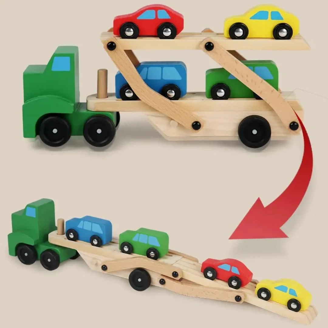 Toyly World™ Wooden Car Carrier Truck Set for Kids 3+ | Transporter Truck with 4 Mini Cars & Double-Level Loading Ramp 2