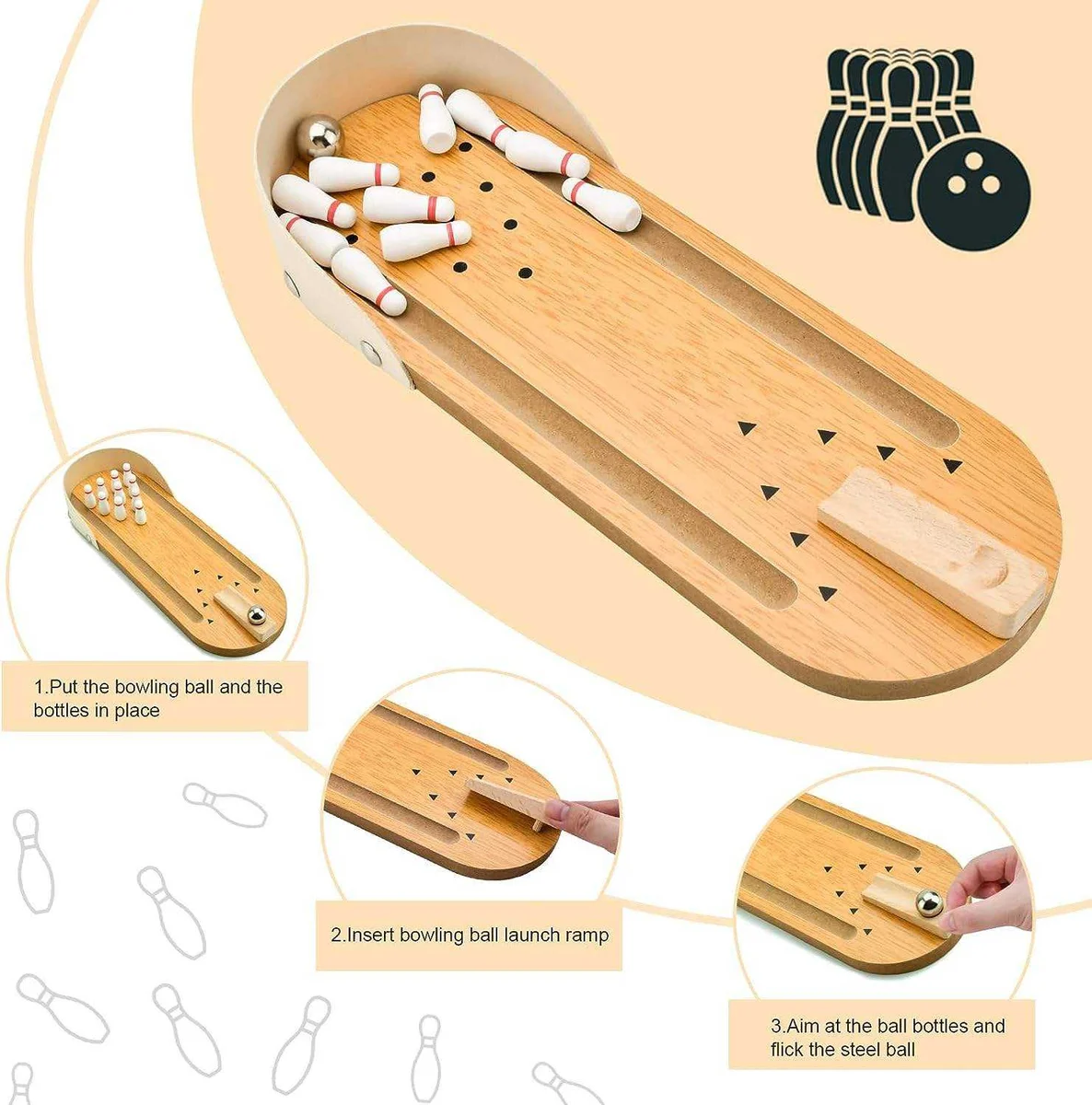Toyly World™ Wooden Mini Tabletop Bowling Game Set for Kids & Families | 10 Pins, Metal Ball & Indoor Skill Development Toy 2