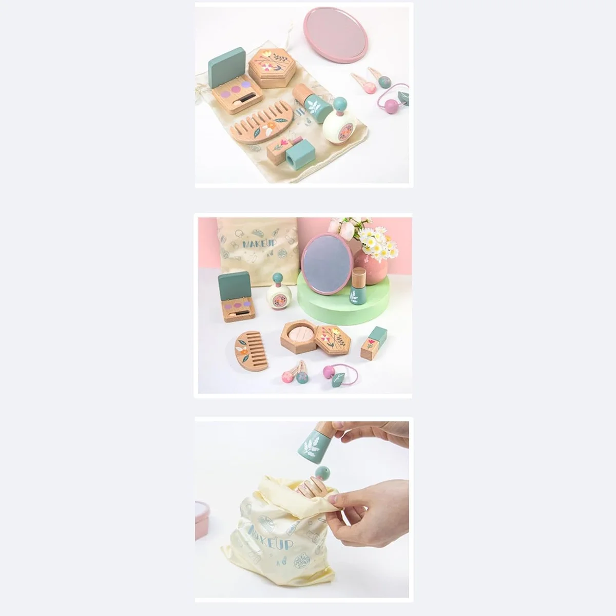 Toyly World™ Wooden Pretend Makeup Set for Kids 3+ | Montessori Beauty & Role Play Toy with Mirror, Comb & Accessories 3
