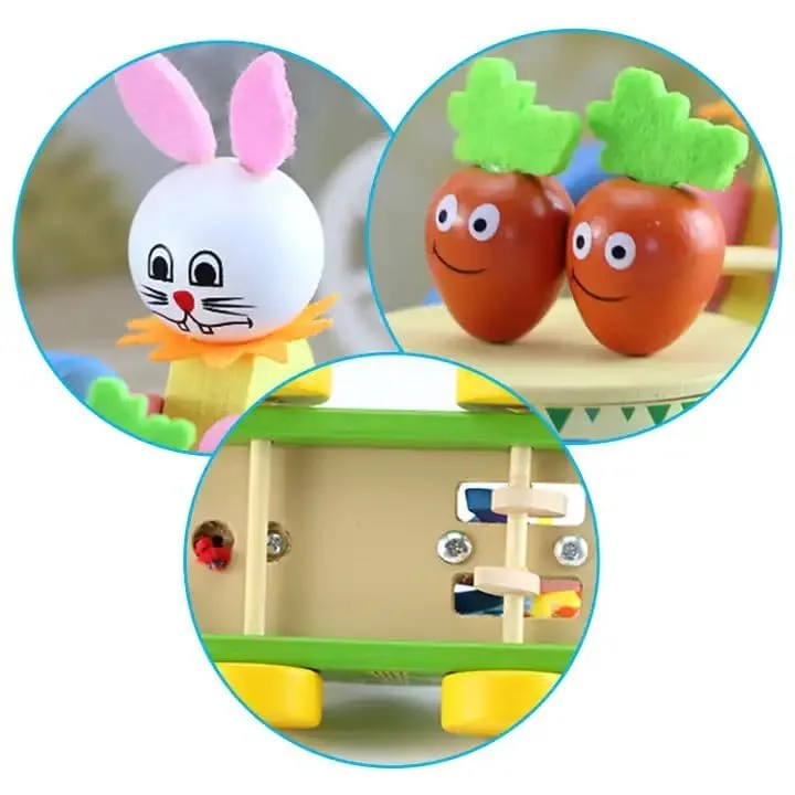 Toyly World™ Wooden Pull-Along Rabbit Toy for Toddlers 12+ Months | Musical Drum & Carrot Cart | Walking & Motor Skills Learning Toy 4