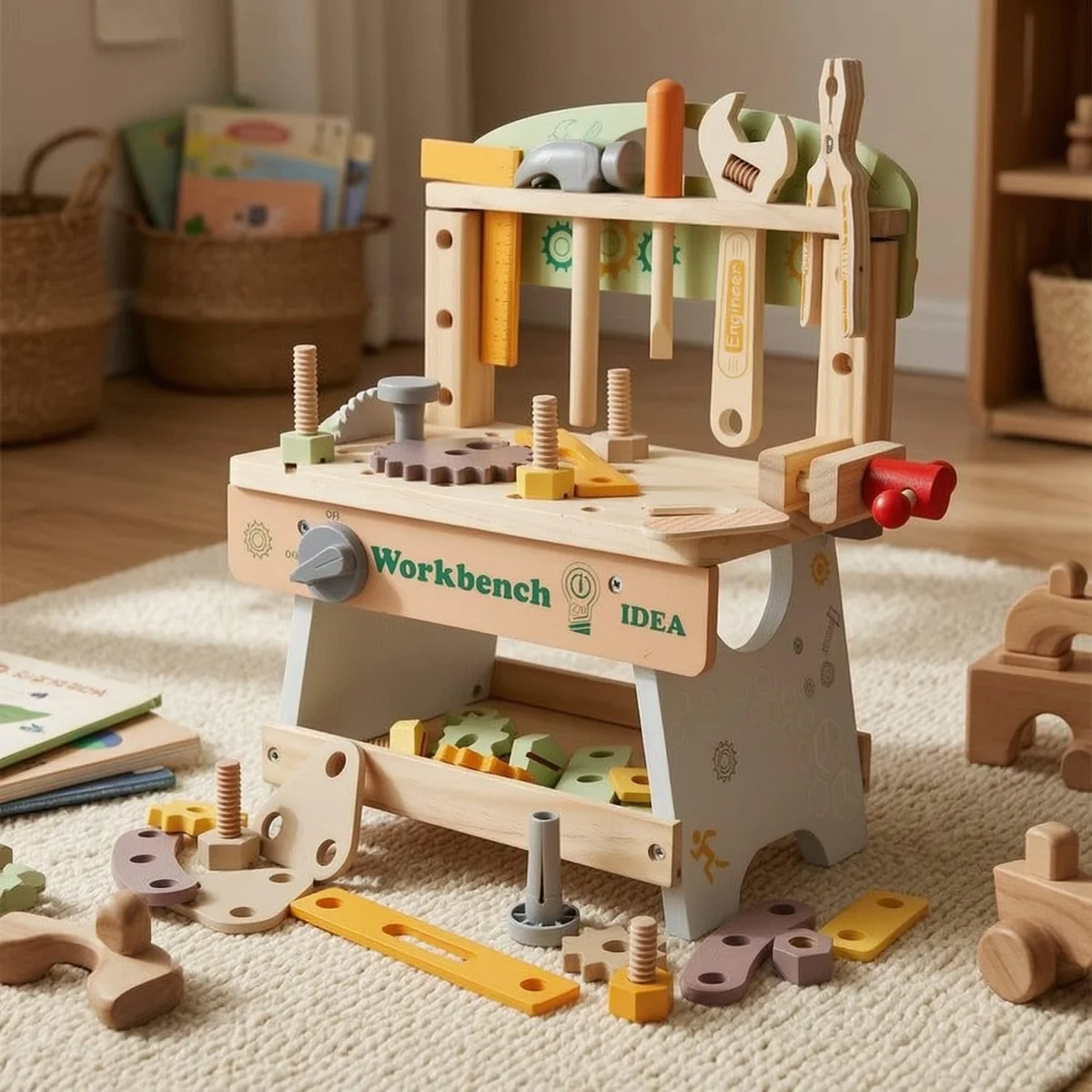 Toyly World™ Wooden Toy Workbench & Tool Set for Kids 4–6 Years | Pretend Play Construction Workshop 7