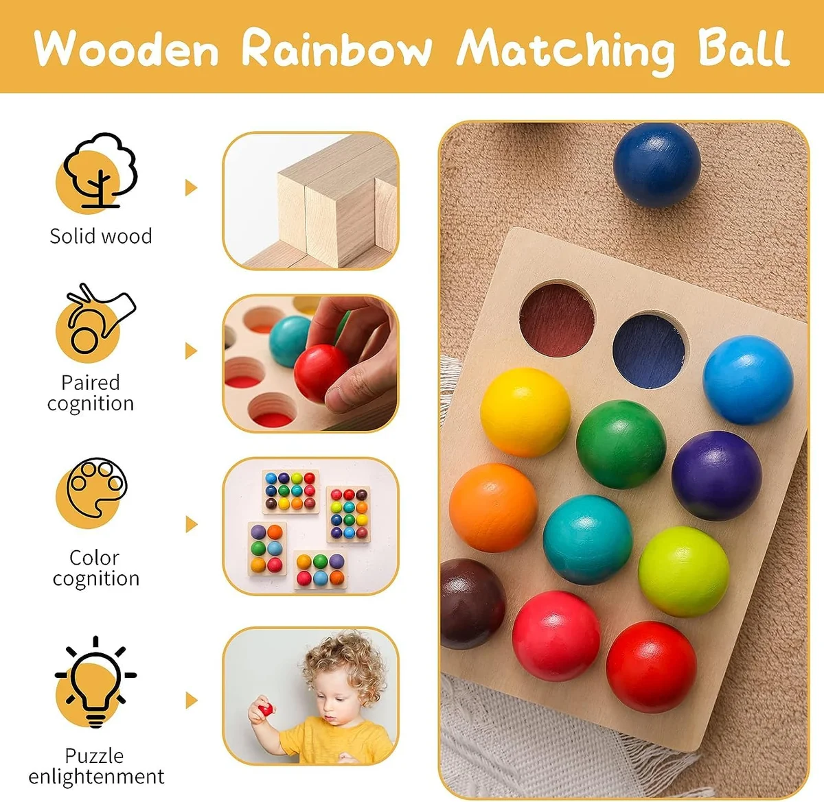 Toyly World™ Wooden Rainbow Ball Colour Sorting Toy for Kids | 12-Piece Montessori Learning Game 6