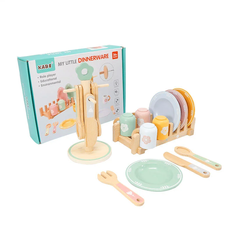 Toyly World™ Wooden Dinnerware Pretend Play Set for Kids 3+ | Montessori Toy Plates, Cups & Kitchen Utensils