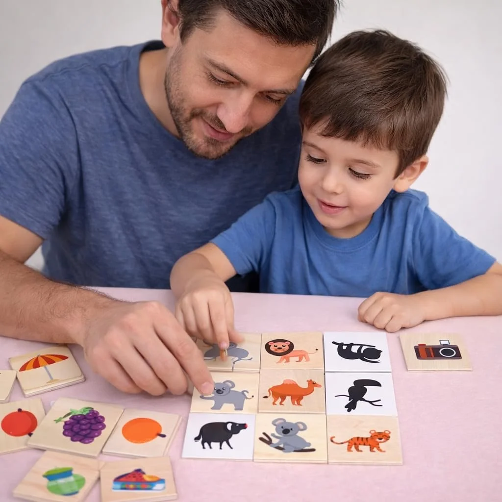 Toyly World™ Wooden Memory Matching Puzzle Game for Kids 2+ | Animal & Object Matching Tiles | Montessori Educational Toy 2