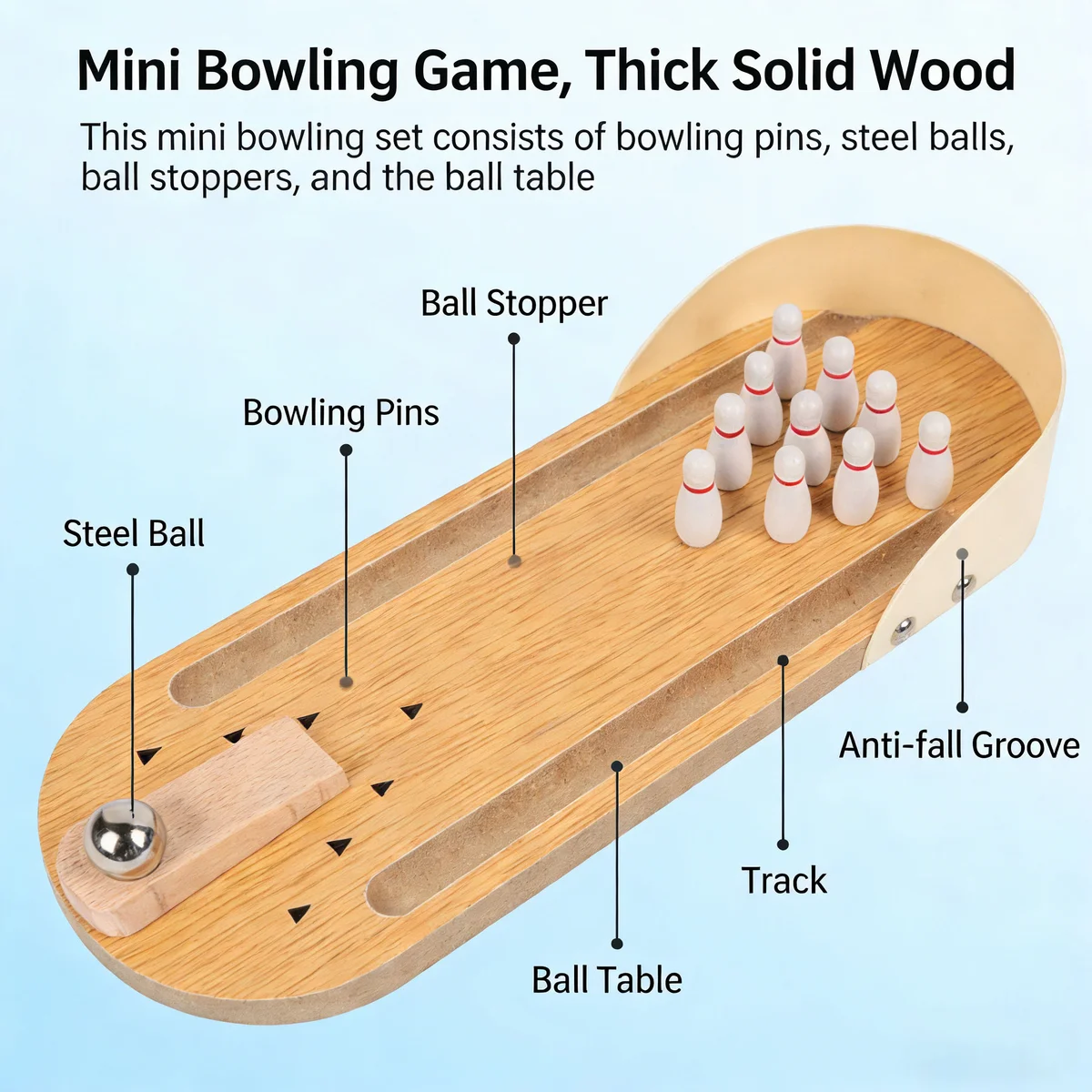 Toyly World™ Wooden Mini Tabletop Bowling Game Set for Kids & Families | 10 Pins, Metal Ball & Indoor Skill Development Toy 3