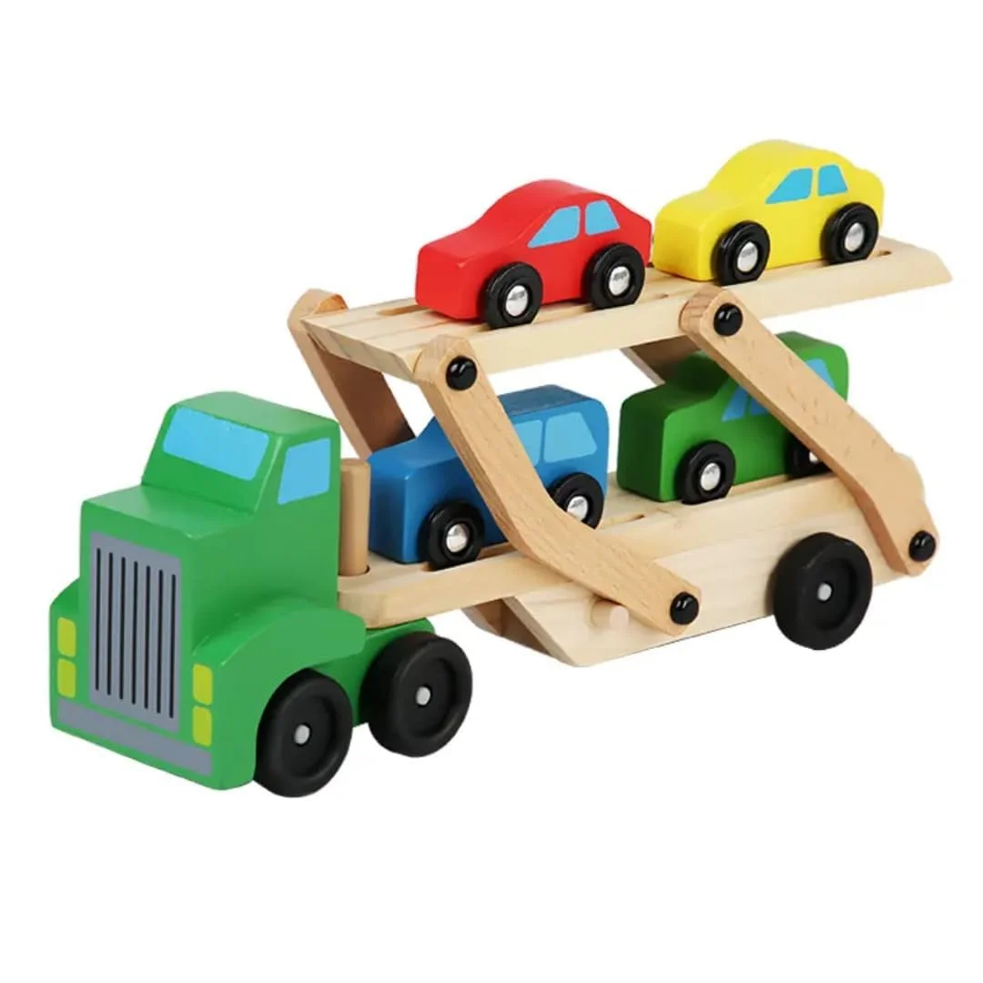 Toyly World™ Wooden Car Carrier Truck Set for Kids 3+ | Transporter Truck with 4 Mini Cars & Double-Level Loading Ramp