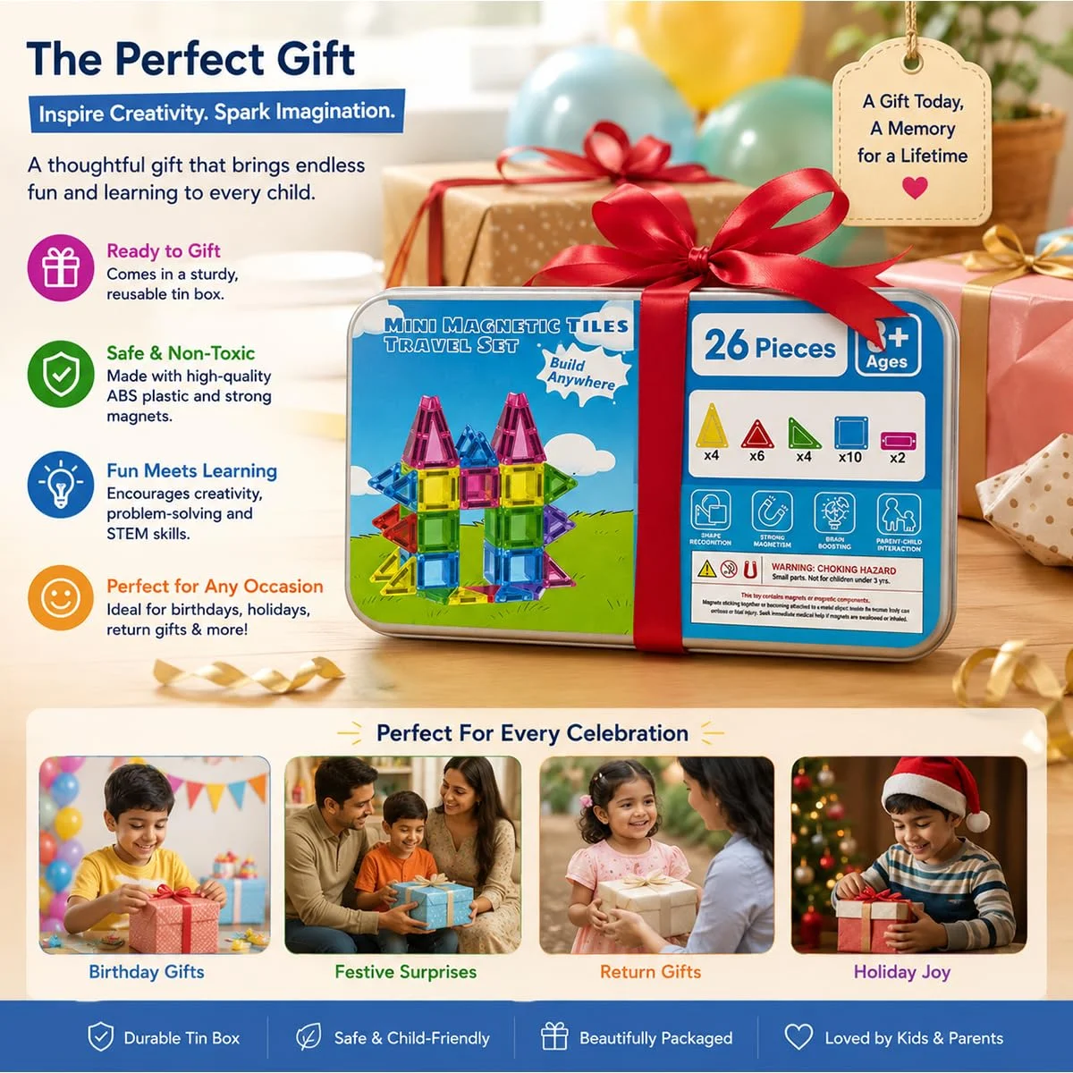 Toyly World™ Mini Magnetic Tiles Building Set for Kids 3+ | 26-Piece STEM Construction Toy with Travel Tin 7