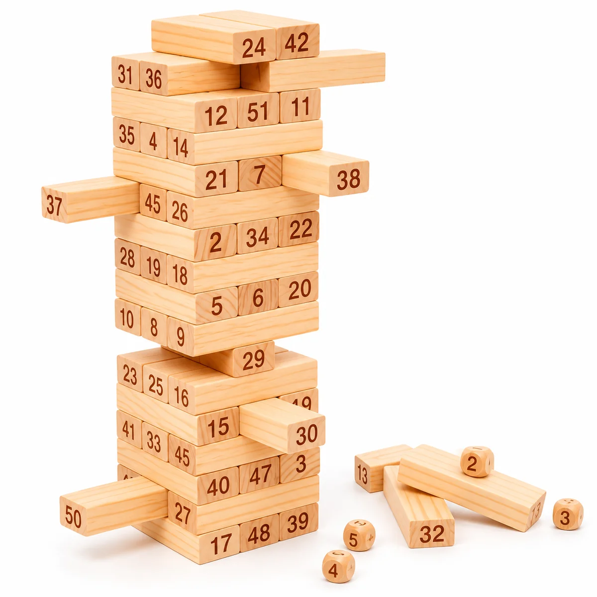 Toyly World™ Wooden Numbered Stacking Tower Game for Kids & Family | 54 Blocks, 4 Dice & Maths Learning
