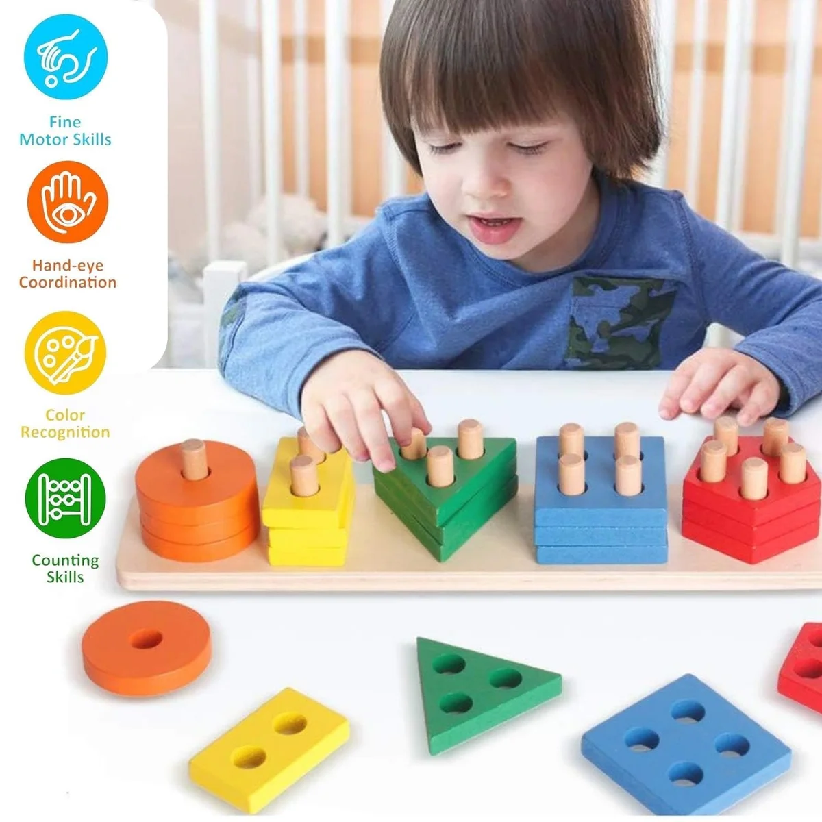 Toyly World™ Wooden Shape Sorting & Stacking Toy for Kids | Educational Peg Board Puzzle for Toddlers 2