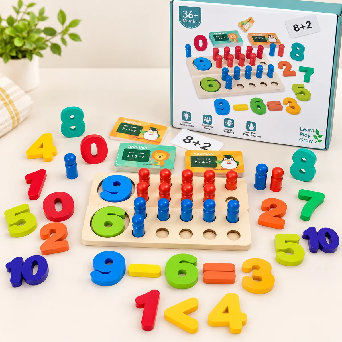 Toyly World™ Wooden Addition & Subtraction Peg Board for Kids 3–7 Years | Montessori Math Learning Toy with Flash Cards 4
