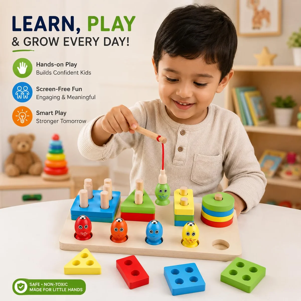 Toyly World™ Wooden Magnetic Fishing & Shape Sorting Toy for Kids | Montessori Educational Learning Game 5