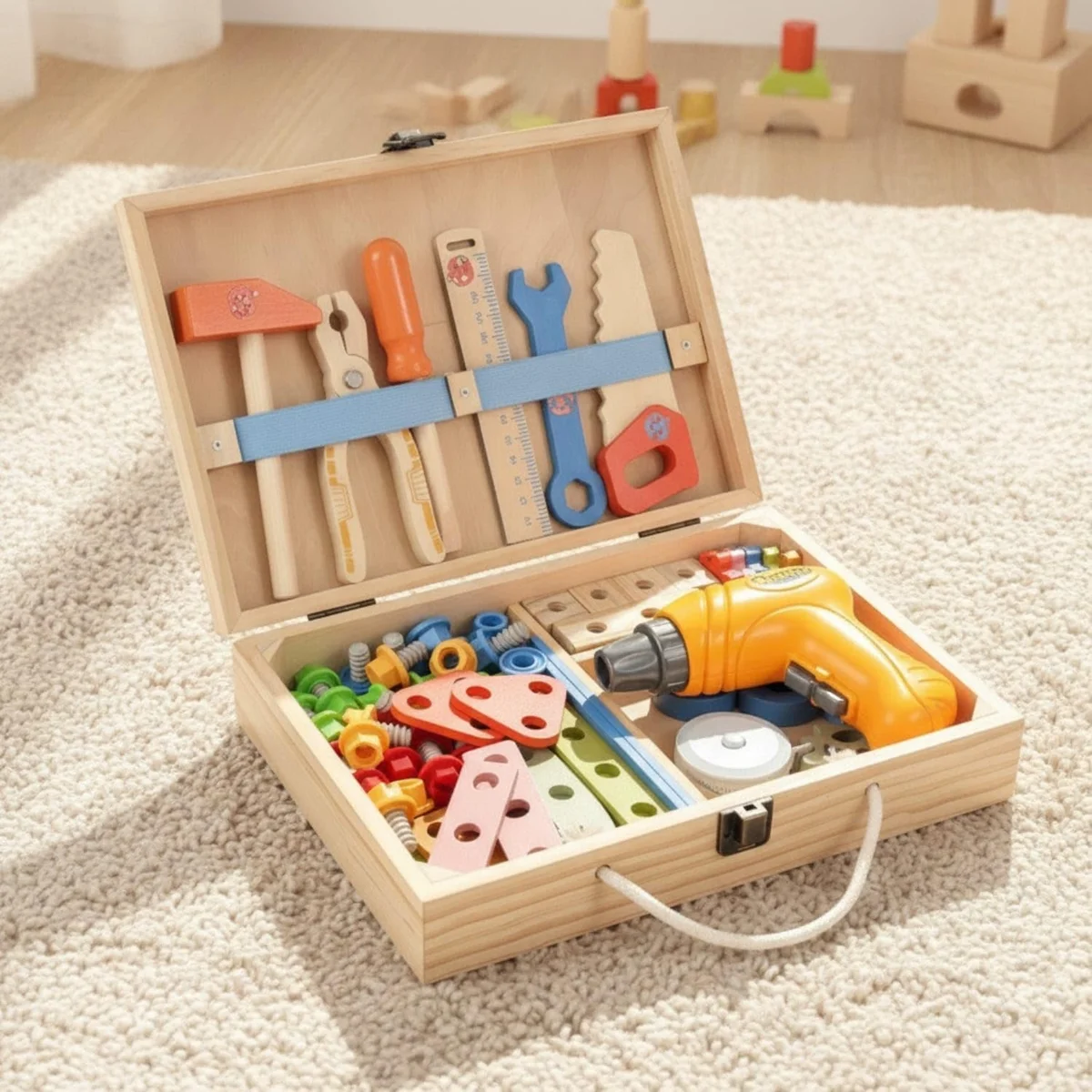 Toyly World™ Wooden Tool Box Pretend Play Set for Kids | Educational DIY Tools with Carrying Case 6