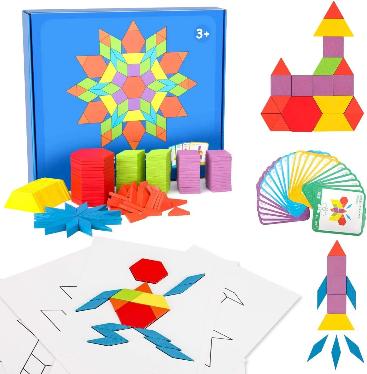 Toyly World™ Wooden Pattern Blocks Puzzle Set for Kids 3+ | 155 Pieces with Design Cards | Montessori STEM Learning Toy 3