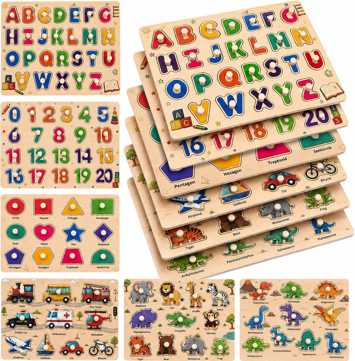 Wooden Puzzles for Kids Ages 3-5, 3 Pack ABC Number and Shape Learning Toys 8