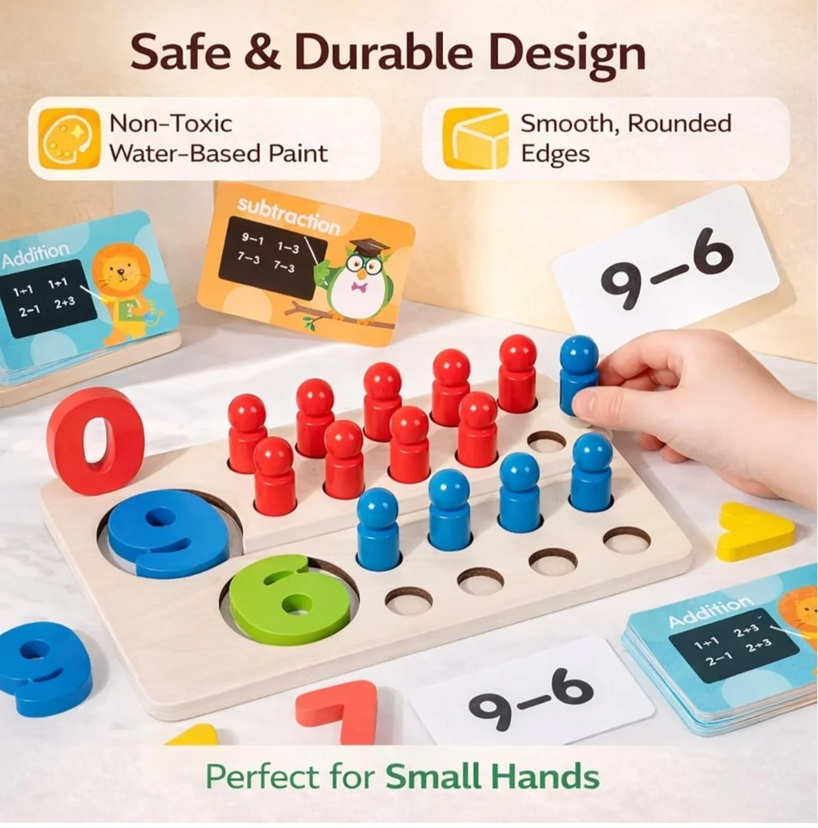 Toyly World™ Wooden Addition & Subtraction Peg Board for Kids 3–7 Years | Montessori Math Learning Toy with Flash Cards 3