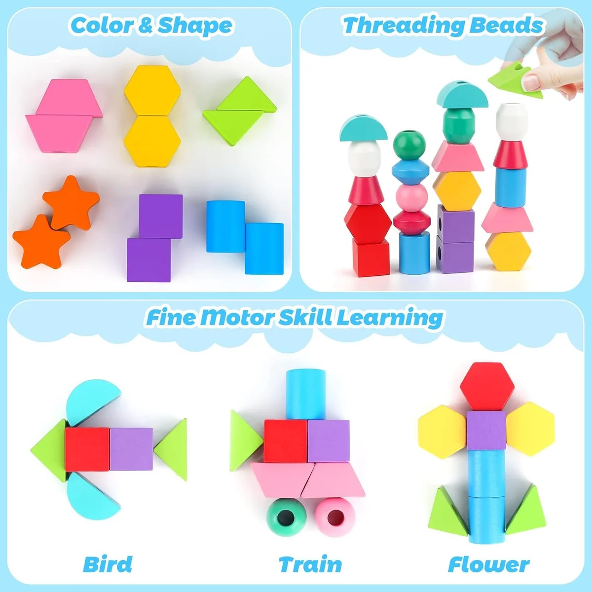 Toyly World™ Wooden Beads Sequencing & Lacing Toy Set for Kids | Montessori Shape & Colour Matching Learning Toy 2