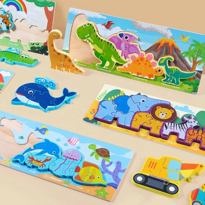 Toyly World™ Cartoon Animal Wooden Jigsaw Puzzle Set for Kids 3+ | Dinosaur, Ocean, Farm & Vehicle Learning Puzzles 7
