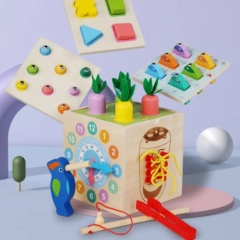 Toyly World™ 8-in-1 Wooden Montessori Activity Cube for Toddlers | Fishing, Carrot Harvest, Shape Sorting & Bead Maze Educational Toy 2+