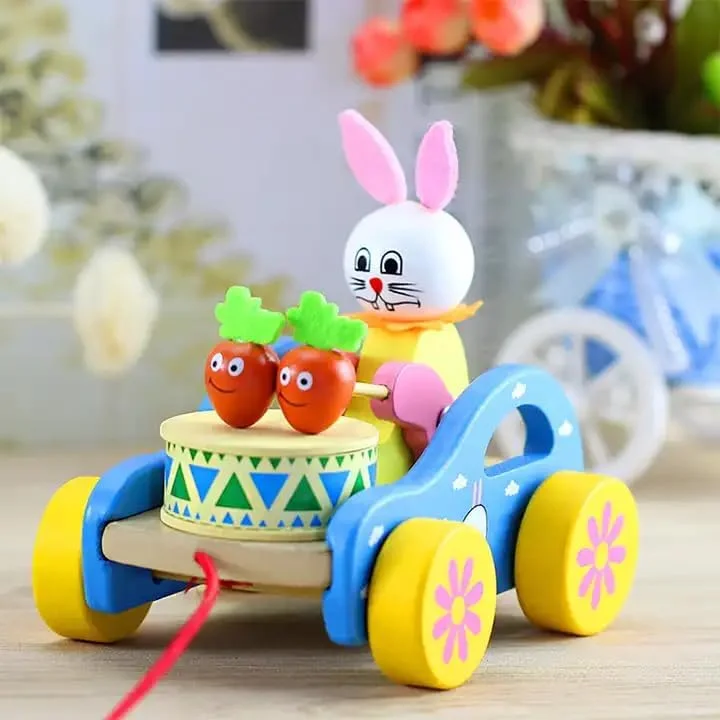 Toyly World™ Wooden Pull-Along Rabbit Toy for Toddlers 12+ Months | Musical Drum & Carrot Cart | Walking & Motor Skills Learning Toy 5
