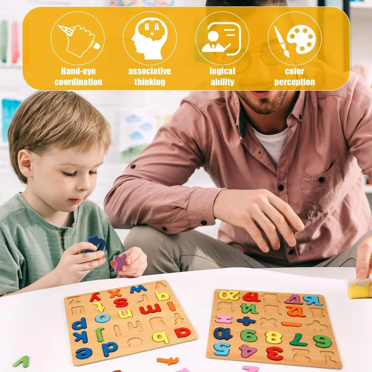 4-in-1 Wooden Alphabet Puzzle for Kids Ages 3+ – Upper & Lowercase Letters, Numbers & Shapes – Montessori Educational Learning Toy for Toddlers & Preschool – Fine Motor & Early STEM Skills 8