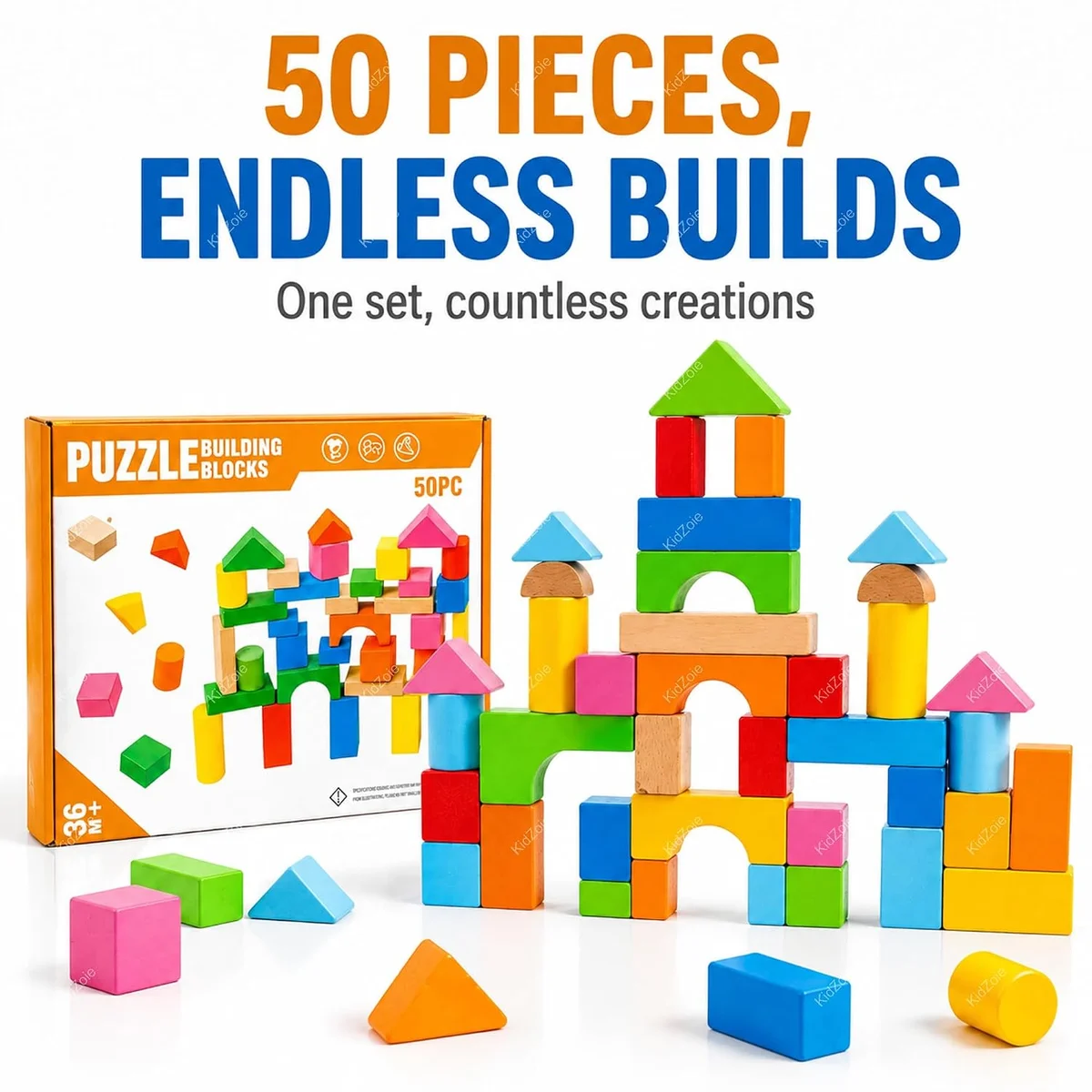 Toyly World™ Wooden Puzzle Building Blocks Set for Kids 3+ | 50-Piece Colourful Construction & Stacking Toy 7