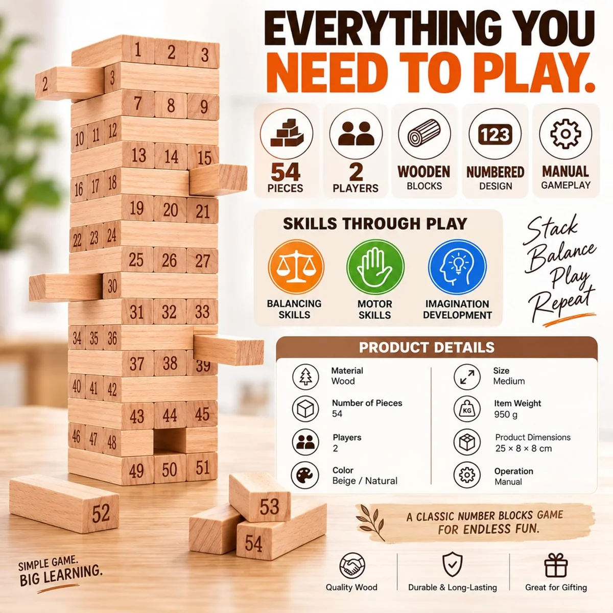 Toyly World™ Wooden Numbered Stacking Tower Game | Tumbling Blocks Balance Game for Kids & Family 6