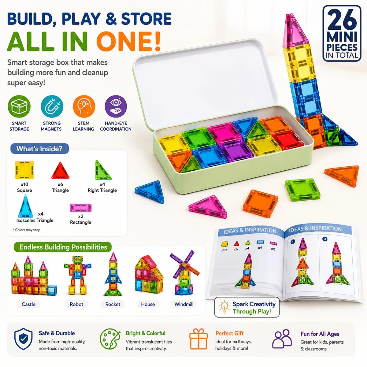 Toyly World™ Mini Magnetic Tiles Building Set for Kids 3+ | 26-Piece STEM Construction Toy with Travel Tin 5